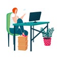 Caucasian redhead female works at home office. Woman in casual attire using computer. Comfortable and cozy freelance