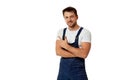 Repairman in overalls pointing at copy space. Royalty Free Stock Photo