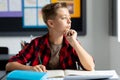 Caucasian schoolboy sitting at desk in classroom looking away, listening in class Royalty Free Stock Photo