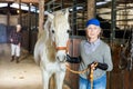 Senior woman horse breeder leading white horse through horse barn Royalty Free Stock Photo