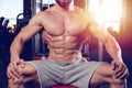 Caucasian fitness model in gym close up abs Royalty Free Stock Photo