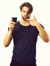 Caucasian sexy young macho holding coffee cup Royalty Free Stock Photo