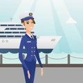 Caucasian ship captain in uniform at the port.