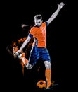 Caucasian soccer player man isolated black background light painting