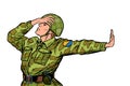 Caucasian soldier in uniform shame denial gesture no. anti militarism pacifist