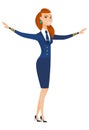 Caucasian stewardess with arms outstretched.