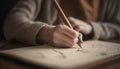 Caucasian student working on paper, holding pencil, learning creativity generative AI