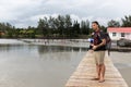 Caucasian Tattoed Man Tourist Standing Bridge Boardwalk Path Asia Tourism Photographer