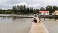 Caucasian Tattoed Man Tourist Walking Bridge Boardwalk Path Asia