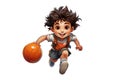 Caucasian teenage boy basketball player with ball runs on white isolated background
