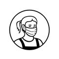 Caucasian Teenage Girl Wearing Face Mask Front View Circle Retro Black and White