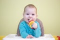 Caucasian toddler baby 5 6 months boy girl sits on a high chair and eats fruit from a nibbler. kid child learns to eat Royalty Free Stock Photo