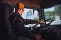Trucker in His 40s Inside Vintage Aged Semi Truck Tractor Cabin Royalty Free Stock Photo