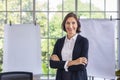 Caucasian university professor standing in front of the class with white blank note board for education, school and business Royalty Free Stock Photo
