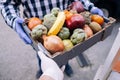 Caucasian volunteer man gives the box from grocery store to a woman at her home