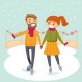 Caucasian white couple skating on ice rink outdoor