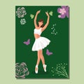 Caucasian white faceless ballerina in a white tutu and pointe shoes dancing on a green poster with flowers and