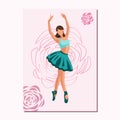 Caucasian white faceless ballet dancer in a green tutu and pointe shoes dancing on a pink poster with flowers. Vector