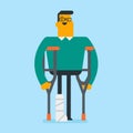 Caucasian white man with broken leg and crutches.