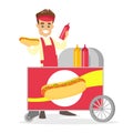 Caucasian white street seller making a hot dog. Royalty Free Stock Photo