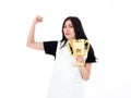 Caucasian winner girl proud while raise golden trophy victory prize after playoff challenge and show strong arm isolated on white