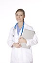 Caucasian woman doctor or nurse holding a laptop computer Royalty Free Stock Photo