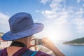 Woman in blue hat on the walls of Dubrovnik Royalty Free Stock Photo