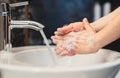 caucasian woman carefully washing hands with soap and sanitiser in home bathroom