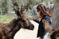 A woman cuddles the donkey. Menorca, Spain. 2016