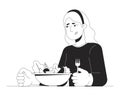 Caucasian woman decreased appetite black and white 2D line cartoon character Royalty Free Stock Photo