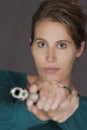 Caucasian woman defending herself using a handgun Royalty Free Stock Photo