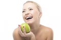 Caucasian Woman Dieting and Eating Apple. Healthy Lifestyle, Nut