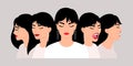 Caucasian woman emotions. Girls expressions profile image, lady angry shocked sad pleased screaming faces, women