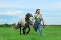 Caucasian woman and her playful grey pony is running through the grass