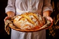 Caucasian woman holding fresh bread from the oven, baking homemade bread. Close up Royalty Free Stock Photo