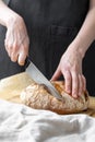 caucasian woman holding fresh bread from the oven, baking homemade bread Royalty Free Stock Photo