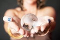 Caucasian woman holding glass world orb in her hands Royalty Free Stock Photo