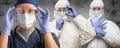 Caucasian Woman, Man and Chinese Man In Masks, Goggles and Hazmat Suites