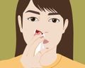 Caucasian woman with a nosebleed use tissue to stop blood, Illustration in flat design