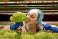 Caucasian woman observes about growing organic salad on hydroponics farm. Concept of growing organic vegetables and health food