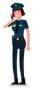 Caucasian woman police officer talking on walkie-talkie radio. Female police holding walkie-talkie radio. Vector cartoon