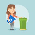 Caucasian woman with recycle bin and trash can. Royalty Free Stock Photo