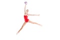 Caucasian woman rhythmic gymnast jumping with ball Royalty Free Stock Photo