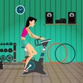 Caucasian woman riding stationary bicycle in the gym. Sporty girl exercising on training cycle. Flat cartoon isolated vector ill