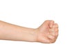 Caucasian woman`s hand in tightly clenched fist. Angry gesture. Royalty Free Stock Photo