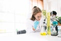 Caucasian woman scientist researcher use a lab dropper to drip a substance into microscope slide for analysis of liquids. Royalty Free Stock Photo