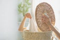 caucasian woman sorting dirty laundry basket, laundry at home Royalty Free Stock Photo