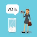 Caucasian woman speaks in a megaphone-vote, ballot box