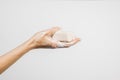 Caucasian woman washing her hands with bubbly soap bar isolated on white background Royalty Free Stock Photo