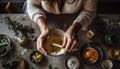 Caucasian women preparing homemade meal in rustic kitchen generated by AI